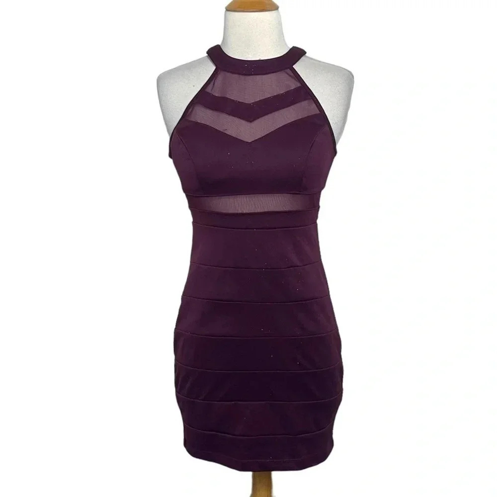 Emerald Sundae S maroon glittery halter neck bodycon dress with mesh panels